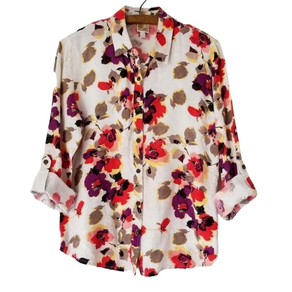 JM Collection Green and Red Button Down Shirt with Notched Collar